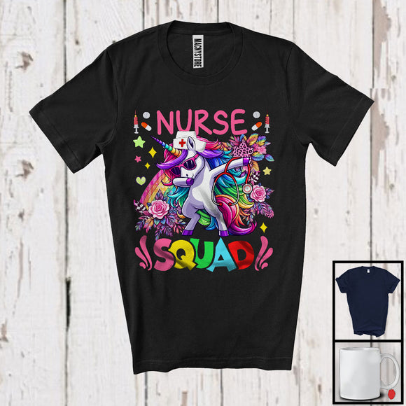 MacnyStore - Nurse Squad, Lovely Dabbing Unicorn Sunglasses Leopard Flowers, Nurse Group T-Shirt