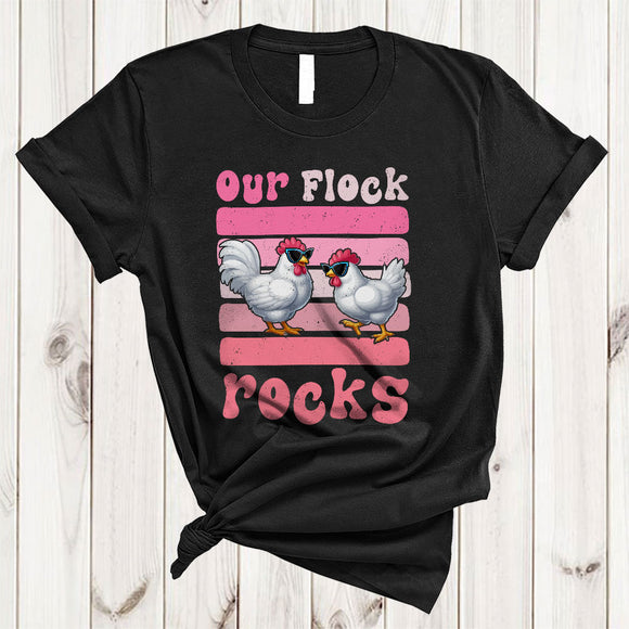 MacnyStore - Our Flock Rocks, Adorable Vintage Retro Pink Sunglasses Chicken, Teacher Vacation Family T-Shirt