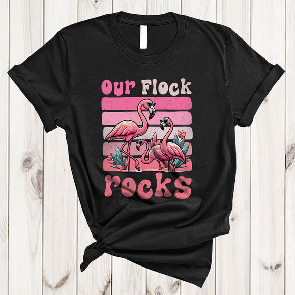 MacnyStore - Our Flock Rocks, Adorable Vintage Retro Pink Sunglasses Flamingo, Teacher Vacation Family T-Shirt