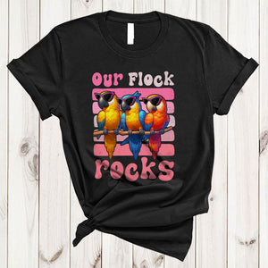 MacnyStore - Our Flock Rocks, Adorable Vintage Retro Pink Sunglasses Parrot, Teacher Vacation Family T-Shirt