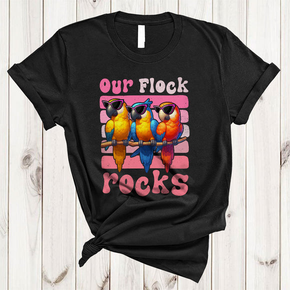 MacnyStore - Our Flock Rocks, Adorable Vintage Retro Pink Sunglasses Parrot, Teacher Vacation Family T-Shirt