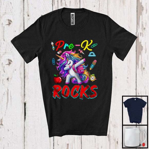 MacnyStore - Pre-K Rocks, Adorable Dabbing Unicorn School Things, Matching Students Teacher Group T-Shirt