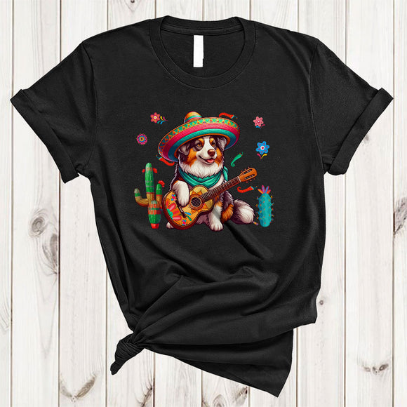 MacnyStore - Sombrero Australian Shepherd Dog Playing Guitar, Adorable Cinco De Mayo Mexican Pride, Family T-Shirt