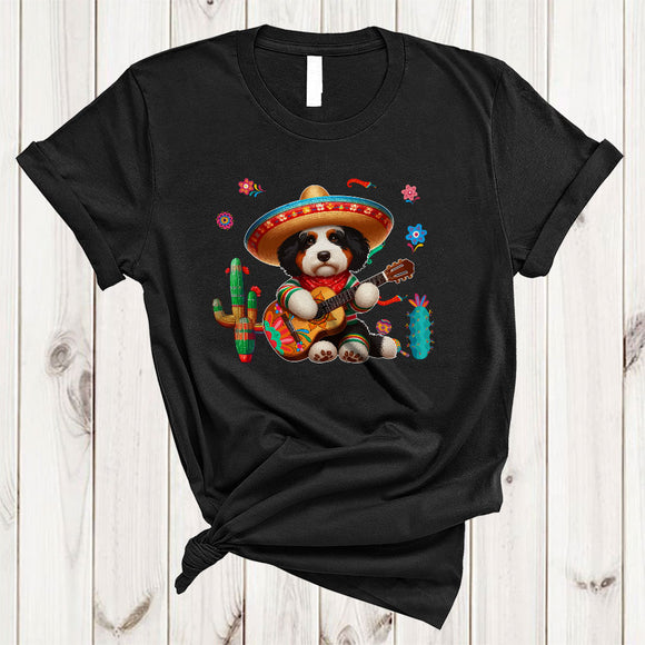 MacnyStore - Sombrero Bernedoodle Dog Playing Guitar, Adorable Cinco De Mayo Mexican Pride, Family T-Shirt