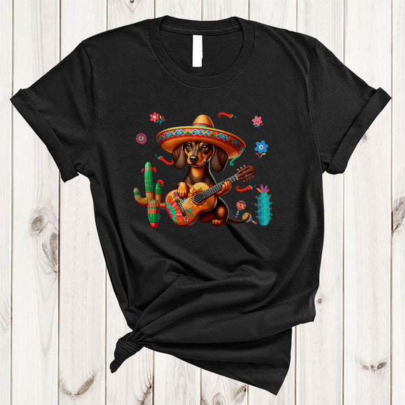 MacnyStore - Sombrero Dachshund Dog Playing Guitar, Adorable Cinco De Mayo Mexican Pride, Family T-Shirt