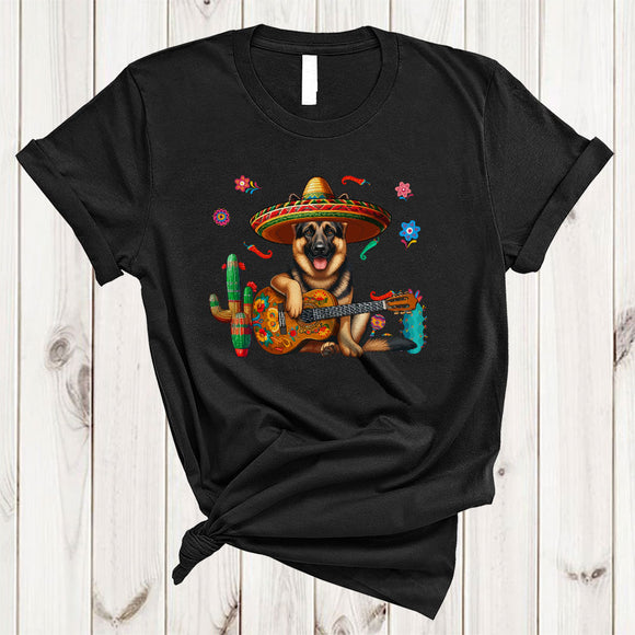 MacnyStore - Sombrero German Shepherd Dog Playing Guitar, Adorable Cinco De Mayo Mexican Pride, Family T-Shirt