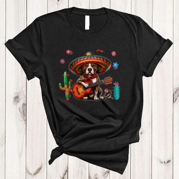 MacnyStore - Sombrero Pit Bull Dog Playing Guitar, Adorable Cinco De Mayo Mexican Pride, Family T-Shirt