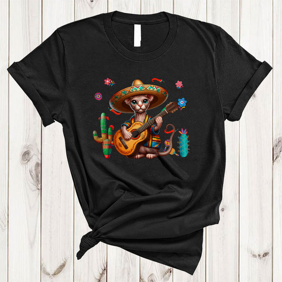 MacnyStore - Sombrero Sphynx Cat Playing Guitar, Adorable Cinco De Mayo Mexican Pride, Family T-Shirt