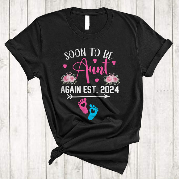 MacnyStore - Soon To Be Aunt Again Est 2024, Cheerful Mother's Day Flowers, Pregnancy Family Group T-Shirt