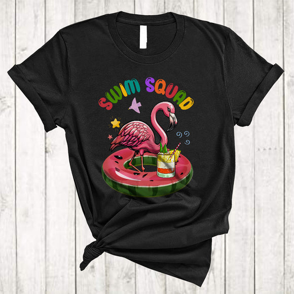 MacnyStore - Swim Squad, Colorful Summer Vacation Flamingo Drinking On Pool Float, Swimming Lover T-Shirt