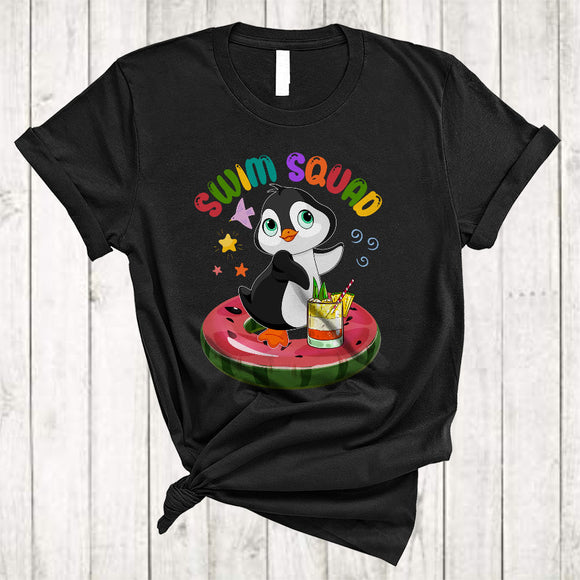 MacnyStore - Swim Squad, Colorful Summer Vacation Penguin Drinking On Pool Float, Swimming Lover T-Shirt