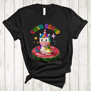 MacnyStore - Swim Squad, Colorful Summer Vacation Unicorn Drinking On Pool Float, Swimming Lover T-Shirt