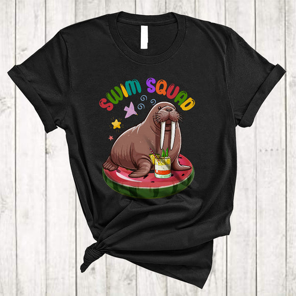 MacnyStore - Swim Squad, Colorful Summer Vacation Walrus Drinking On Pool Float, Swimming Lover T-Shirt