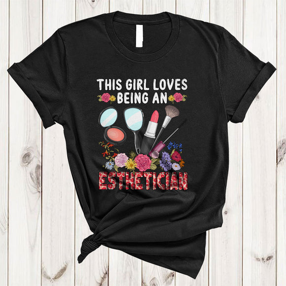 MacnyStore - This Girl Loves Being An Esthetician, Lovely Flowers Leopard Red Plaid Esthetician Lover T-Shirt