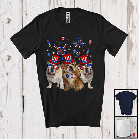 MacnyStore - Three Bulldog Dogs With USA Flag Glasses, Cool 4th Of July Fireworks USA Flag, Patriotic T-Shirt
