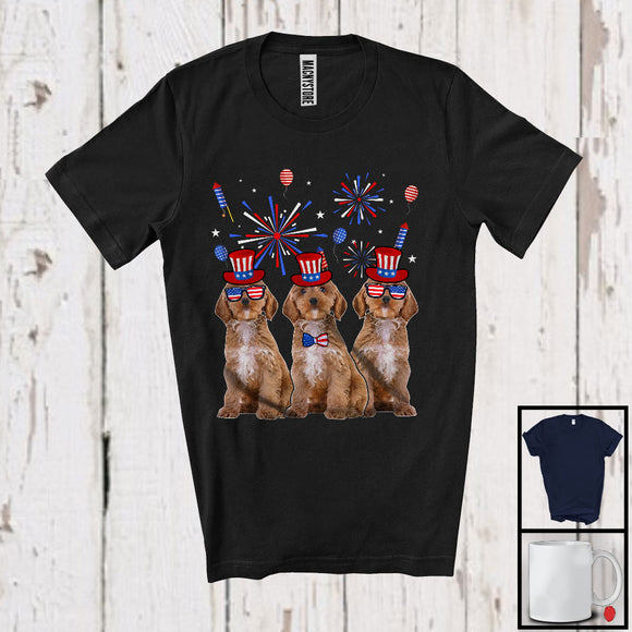 MacnyStore - Three Cockapoo Dogs With USA Flag Glasses, Cool 4th Of July Fireworks USA Flag, Patriotic T-Shirt