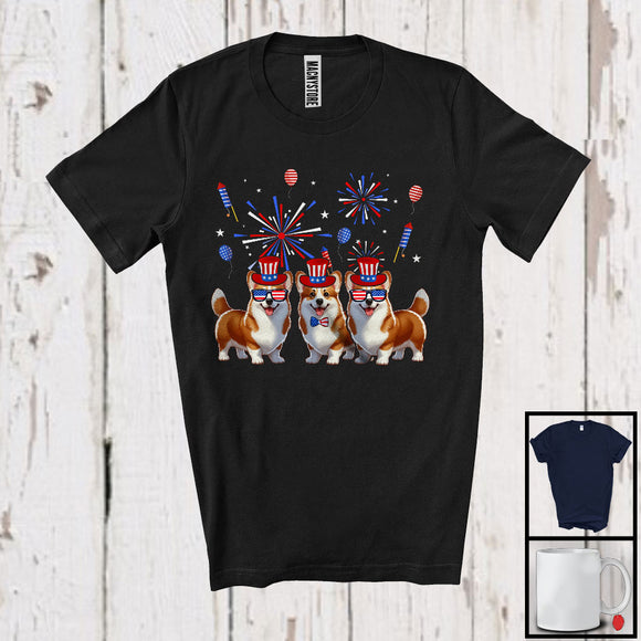 MacnyStore - Three Corgi Dogs With USA Flag Glasses, Cool 4th Of July Fireworks USA Flag, Patriotic T-Shirt