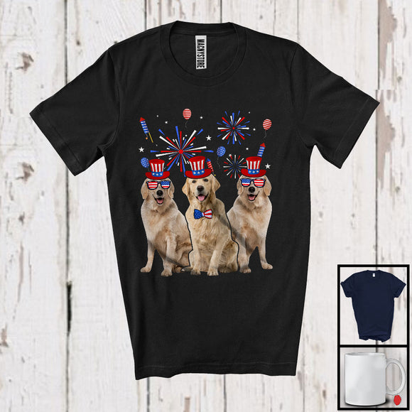 MacnyStore - Three Golden Retriever Dogs With USA Flag Glasses, Cool 4th Of July Fireworks USA Flag, Patriotic T-Shirt