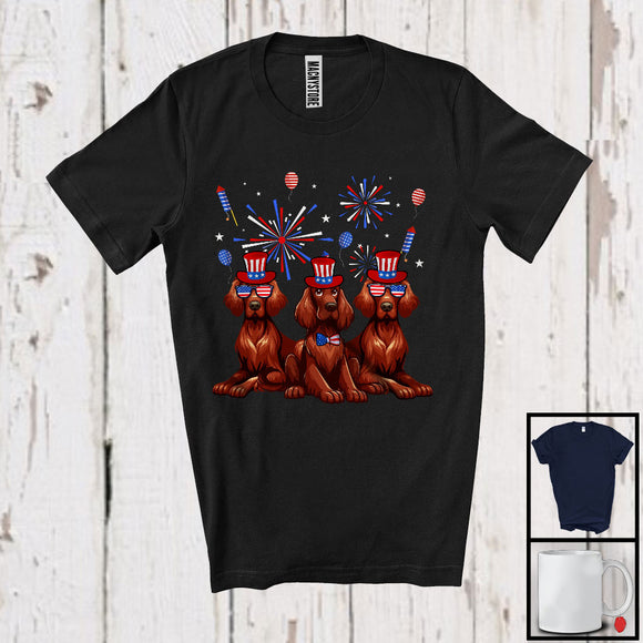 MacnyStore - Three Irish Setter Dogs With USA Flag Glasses, Cool 4th Of July Fireworks USA Flag, Patriotic T-Shirt