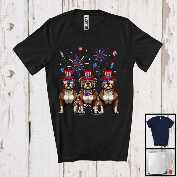 MacnyStore - Three Pit Bull Dogs With USA Flag Glasses, Cool 4th Of July Fireworks USA Flag, Patriotic T-Shirt