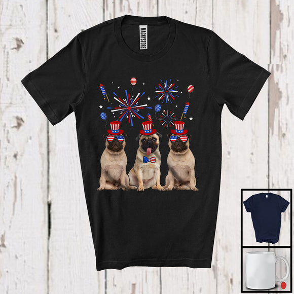 MacnyStore - Three Pug Dogs With USA Flag Glasses, Cool 4th Of July Fireworks USA Flag, Patriotic T-Shirt