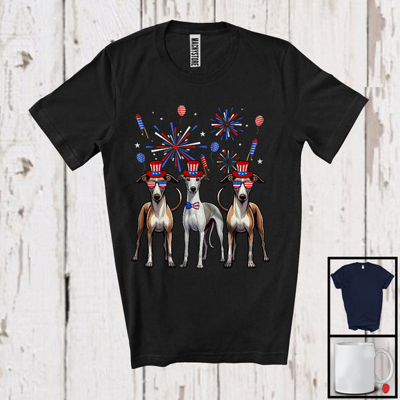 MacnyStore - Three Whippet Dogs With USA Flag Glasses, Cool 4th Of July Fireworks USA Flag, Patriotic T-Shirt