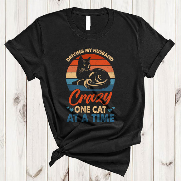 MacnyStore - Vintage Retro Driving My Husband Crazy One Cat At A Time, Humorous Couple Wife, Family T-Shirt