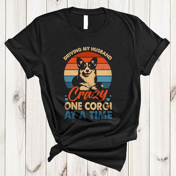 MacnyStore - Vintage Retro Driving My Husband Crazy One Corgi At A Time, Humorous Couple Wife, Family T-Shirt
