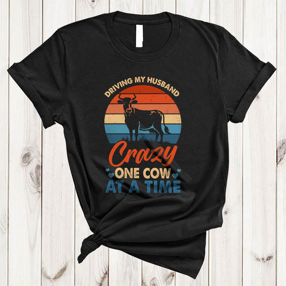 MacnyStore - Vintage Retro Driving My Husband Crazy One Cow At A Time, Humorous Couple Wife, Family T-Shirt