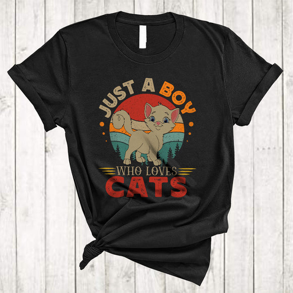MacnyStore - Vintage Retro Just A Boy Who Loves Cats, Adorable Animal Lover, Matching Boys Family Group T-Shirt