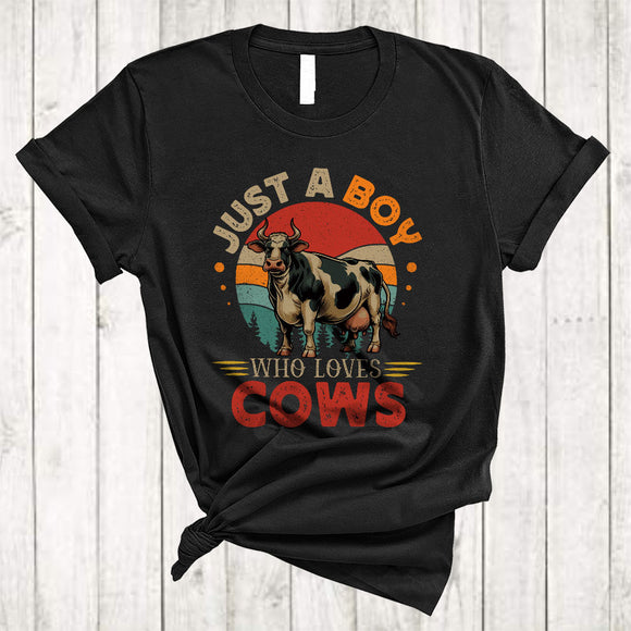 MacnyStore - Vintage Retro Just A Boy Who Loves Cows, Adorable Animal Farmer, Matching Boys Family Group T-Shirt