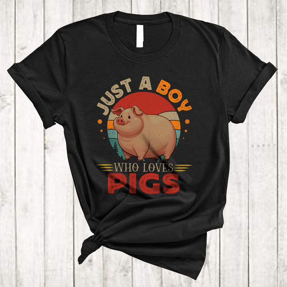 MacnyStore - Vintage Retro Just A Boy Who Loves Pigs, Adorable Animal Farmer, Matching Boys Family Group T-Shirt