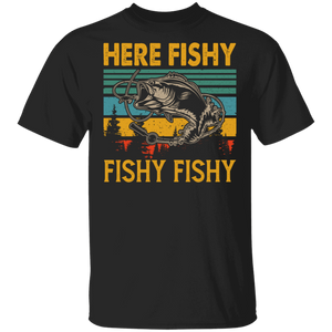 Fishing Lover Shirt Vintage Retro Here Fishy Fishy Fishy Funny Distressed Fishing Fish Lover Gifts T-Shirt - Macnystore