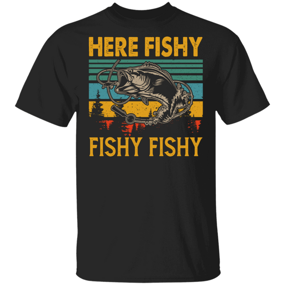 Fishing Lover Shirt Vintage Retro Here Fishy Fishy Fishy Funny Distressed Fishing Fish Lover Gifts T-Shirt - Macnystore