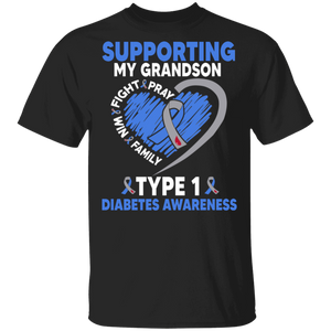 Diabetes Awareness Shirt Supporting My Grandson Type 1 Diabetes Cool T1D Kids Diabetic Awareness Ribbon Heart Grandson Family Gifts T-Shirt - Macnystore