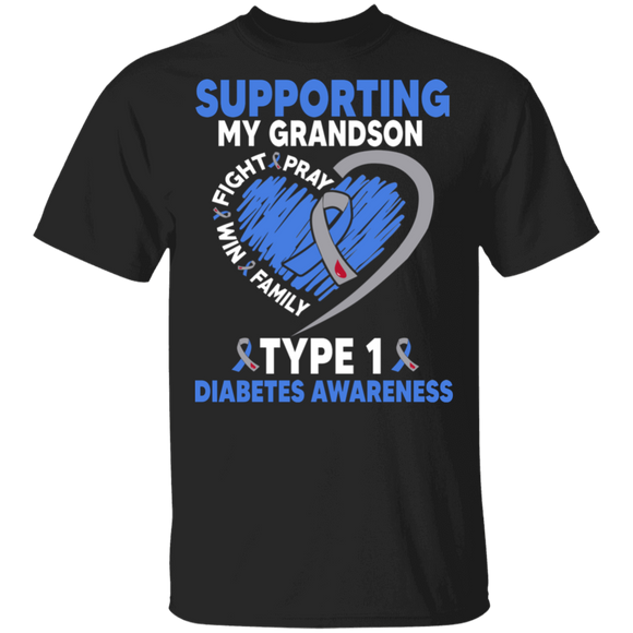 Diabetes Awareness Shirt Supporting My Grandson Type 1 Diabetes Cool T1D Kids Diabetic Awareness Ribbon Heart Grandson Family Gifts T-Shirt - Macnystore