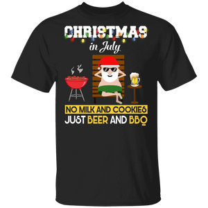 Christmas In July No Milk And Cookies Just Beer And BBQ Funny Santa Claus BBQ Barbeque Gifts T-Shirt - Macnystore