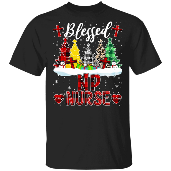 Christmas Nurse Shirt Blessed NP Nurse Funny Christmas Nurse Buffalo Plaid X-mas Tree Lover Gifts T-Shirt - Macnystore