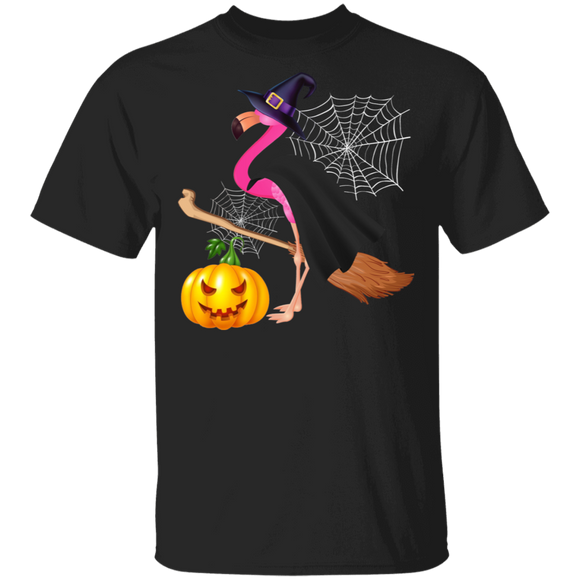 Flamingo Witch Pumpkin Broom Halloween T-Shirt - Macnystore