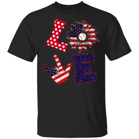 Love American Flag Sunflower Baseball Shirt Matching Baseball Lover Player Happy 4th Of July United States Independence Day Gifts T-Shirt - Macnystore