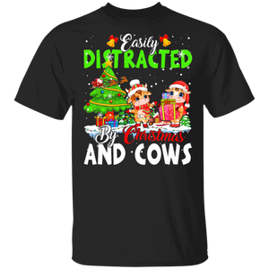Christmas Cow Shirt Easily Distracted By Christmas And Cows Funny Christmas Santa Reindeer Cow Lover Gifts T-Shirt - Macnystore