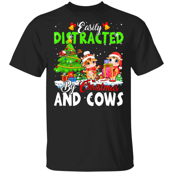 Christmas Cow Shirt Easily Distracted By Christmas And Cows Funny Christmas Santa Reindeer Cow Lover Gifts T-Shirt - Macnystore