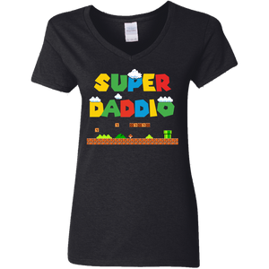 Super Daddio Funny Gamer Nerd Father's Day Ladies V-Neck T-Shirt - Macnystore