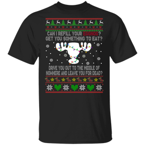 Christmas Reindeer Shirt Can I Refill Your Eggnog Ugly Funny Christmas Sweater Lights Reindeer Eggnog Lover Vacation Gifts T-Shirt - Macnystore
