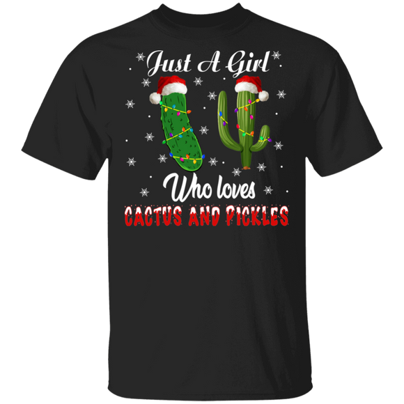 Christmas Girl Shirt Just A Girl Who Loves Cactus And Pickles Funny Christmas Light Santa Pickle Cactus Lover Gifts T-Shirt - Macnystore