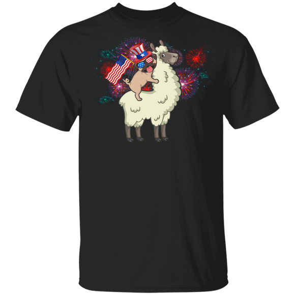 Firework American Flag Pug Riding Llama 4th Of July Independence Day Gifts T-Shirt - Macnystore