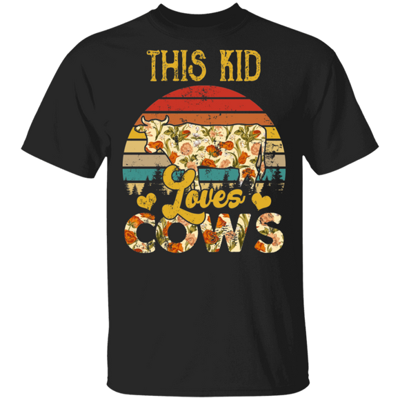 Vintage Retro This Kid Loves Cow Floral Cow Kids Girls Cow Lover Gifts T-Shirt - Macnystore