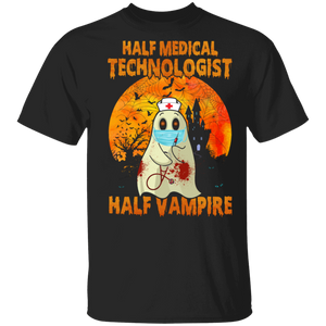 Half Medical Technologist Half Vampire Funny Doctor Nurse Ghost Face Covering Halloween Gifts T-Shirt - Macnystore