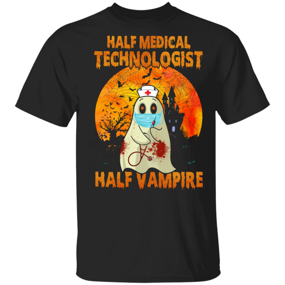 Half Medical Technologist Half Vampire Funny Doctor Nurse Ghost Face Covering Halloween Gifts T-Shirt - Macnystore