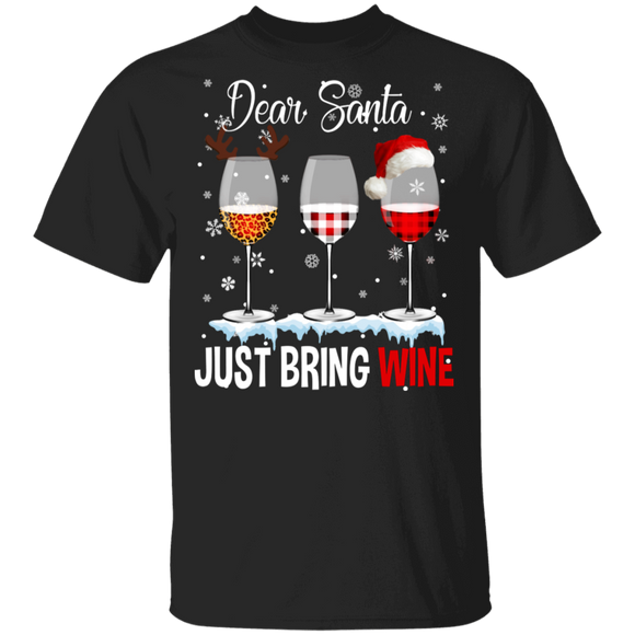 Christmas Wine Shirt Dear Santa Just Bring Wine Cool Christmas Wine Leopard Plaid Drinking Lover Gifts Christmas T-Shirt - Macnystore